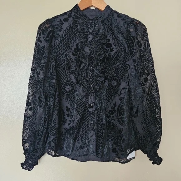 Black Burnout Velvet Victorian Romantic Boho Sheer Blouse Size 6 - Picture 1 of 6